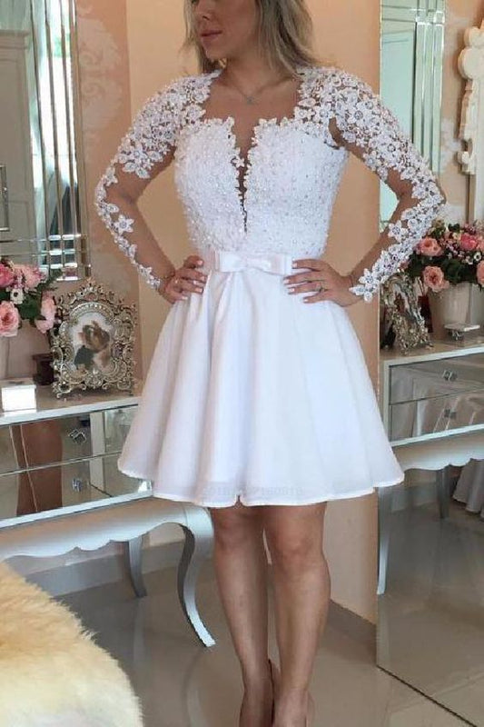 Short white party dresses, mini open back long sleeves homecoming dresses, sexy deep v-neck lace party dresses cg265