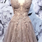 Champagne v neck tulle lace long prom dress, champagne tulle evening dress cg2696