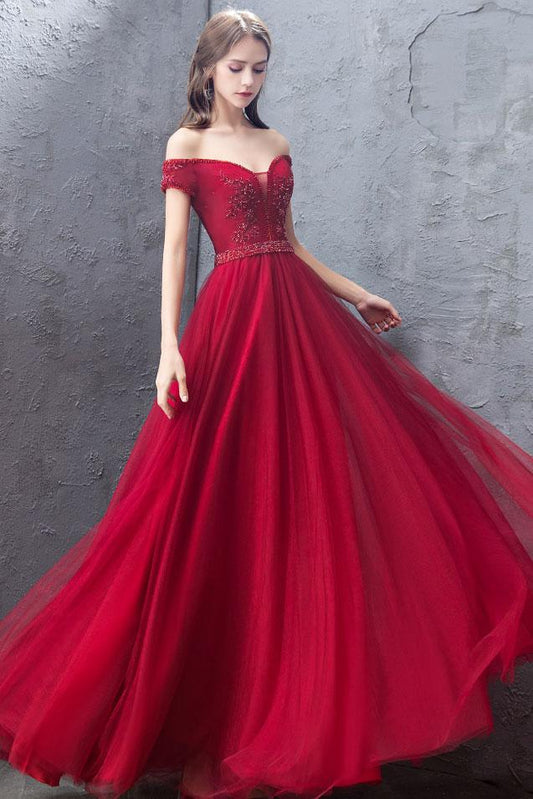 BURGUNDY TULLE OFF SHOULDER LONG PROM DRESS, BURGUNDY EVENING DRESS cg2756