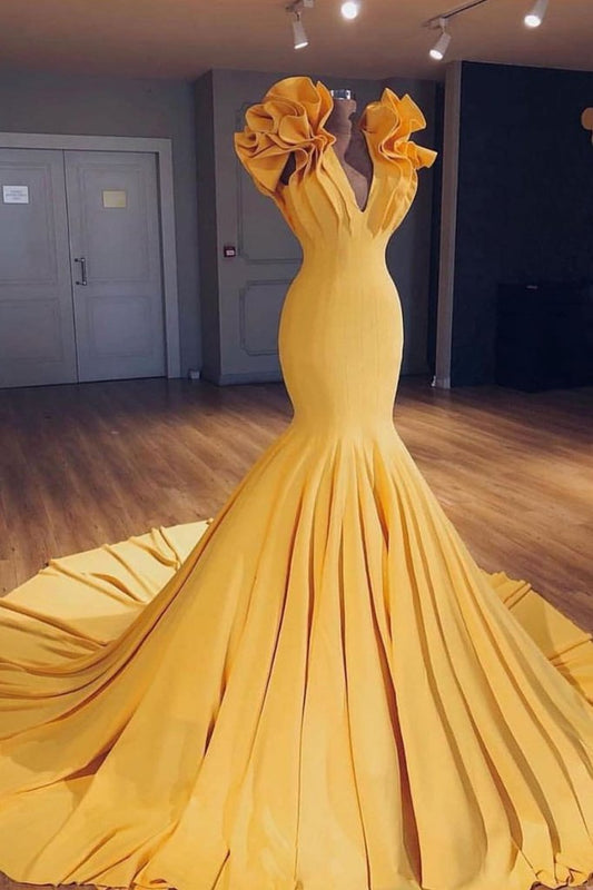 YELLOW SATIN MERMAID LONG PROM DRESS, YELLOW EVENING DRESS cg2758