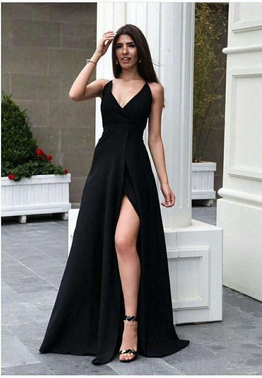 A-Line V-Neck Satin Long Prom Dress with Split cg2773