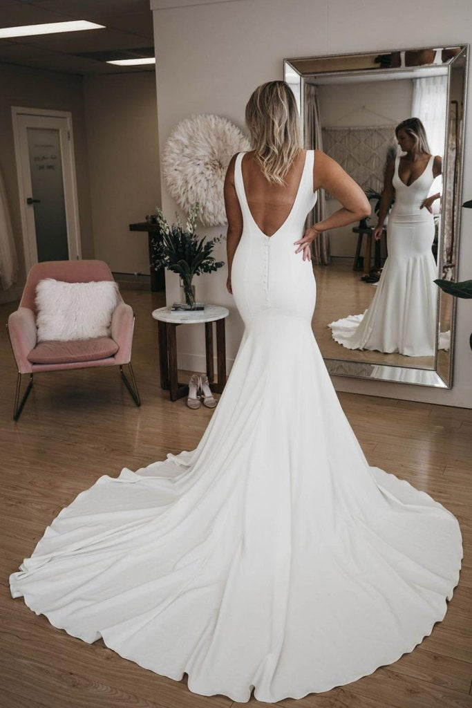 Simple V Neck Mermaid prom Dress with Long Train, Sexy Backless Beach Wedding Dress  cg2813