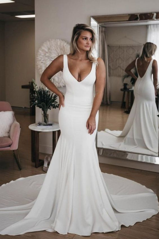 Simple V Neck Mermaid prom Dress with Long Train, Sexy Backless Beach Wedding Dress  cg2813