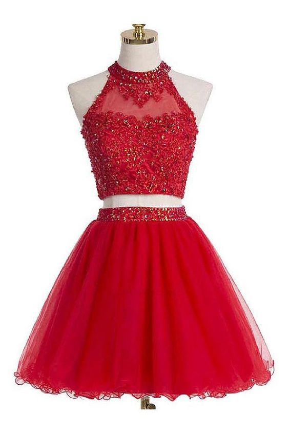 Two-piece Scoop Short Red Organza Beaded Homecoming Dress with Appliques Sequins cg283