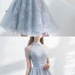 Unique Grey Tulle Homecoming Dress, A-Line See Through Short Sleeves Dress, Elegant Party Dress  cg290