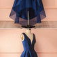 deep v-neck royal blue high low prom dress, satin lace hi-low formal dress cg2995