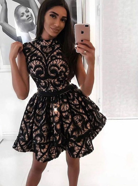 A-Line Jewel Sleeveless Short Black Lace Homecoming Dress cg301