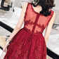 Charming Wine Red Tea Length Tulle Homecoming Dress, Lace Party Dress cg3026
