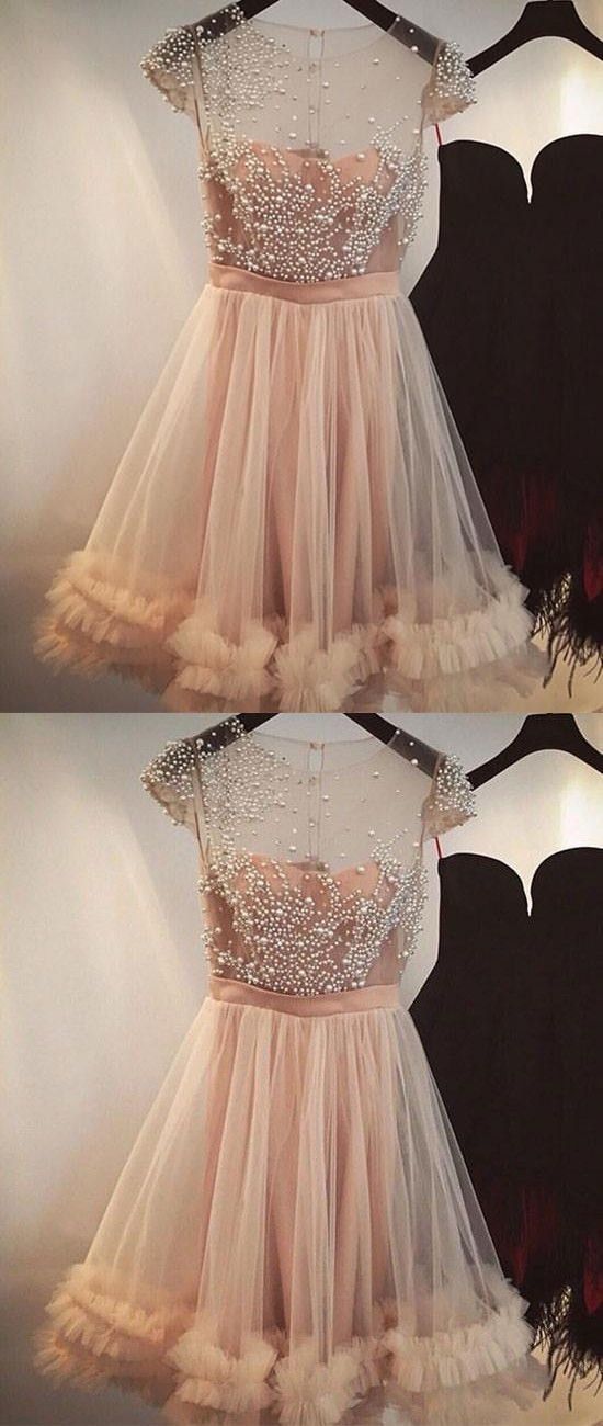 A-Line Jewel Light Champagne Short Homecoming Dress with Beading  cg307