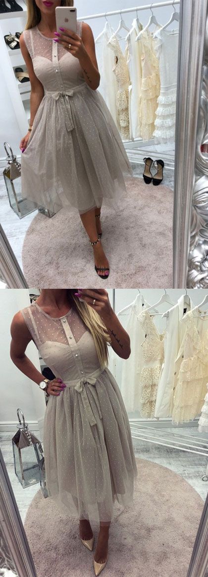 A-Line Crew Sleeveless Tea-Length Gray Homecoming Dress with Sash cg3112