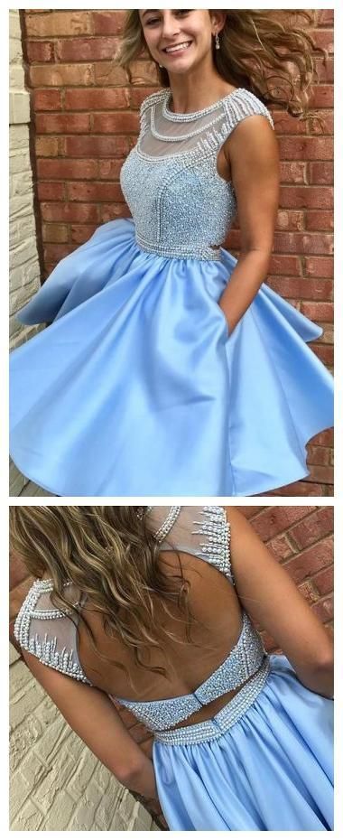 Open Back Blue Cap Sleeve Soop Short Cheap Homecoming Dresses cg315