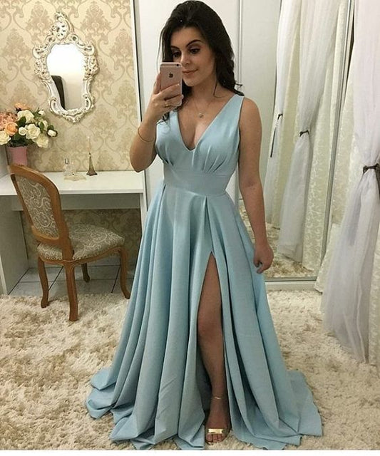 V neck A Line Prom Dress, Sexy Sleeveless Party Dress, Split Slit Evening Dress cg3174