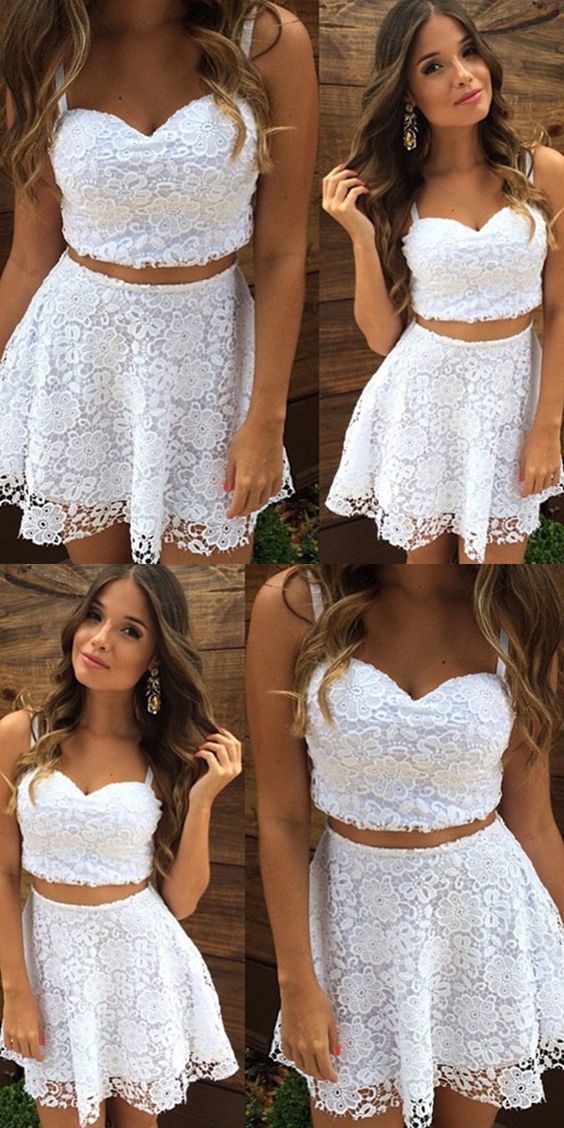 Two Piece Straps Short White Lace Homecoming Cocktail Dress ,cheap homecoming dress cg319