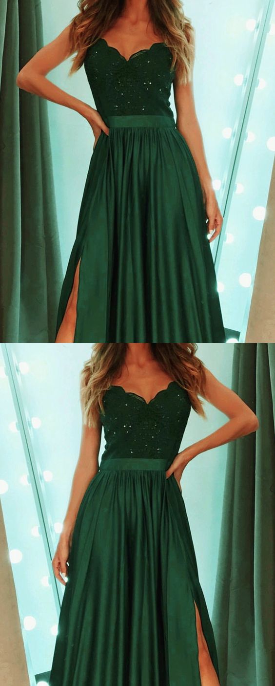 dark green prom dress,appliques evening gowns,sexy prom dress,split evening gowns cg3225