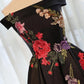 Beautiful Satin Black Tea Length Party homecoming Dress, Floral Black Formal Dress cg3290