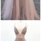 v neck tulle long prom dress, champagne evening dress cg3384