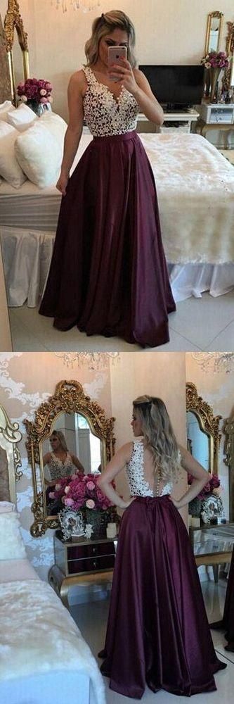 Long Prom Dresses, V-neck Party Dresses Lace, A-line Formal Evening Dresses Satin with Appliques cg3410