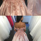 pearl pink satin ball gowns prom dresses with 3D Lace Flowers Beaded and off the shoulder neckline cg3421