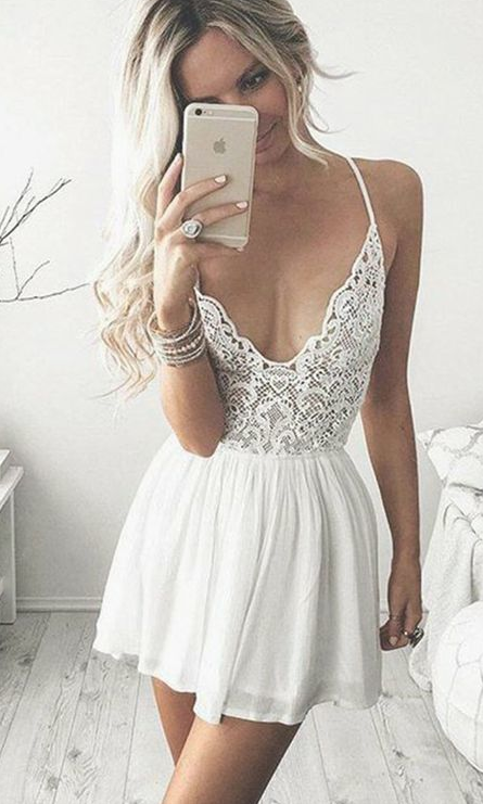 A-Line Spaghetti Straps Short White Chiffon Homecoming Cocktail Dress with Lace , short homecoming dress cg344