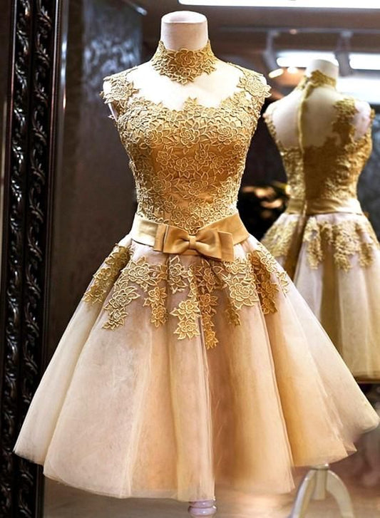 Gold Homecoming Dress,A-line Homecoming Dresses,High-neck Homecoming Dress cg359