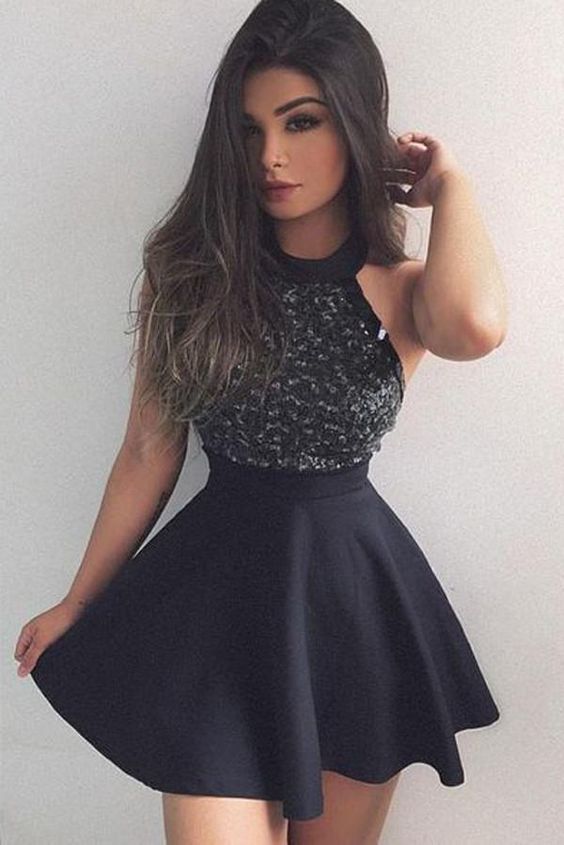 Black Homecoming Dress, Short Mini Dress with Beading, Fashion Graduation Dress cg366