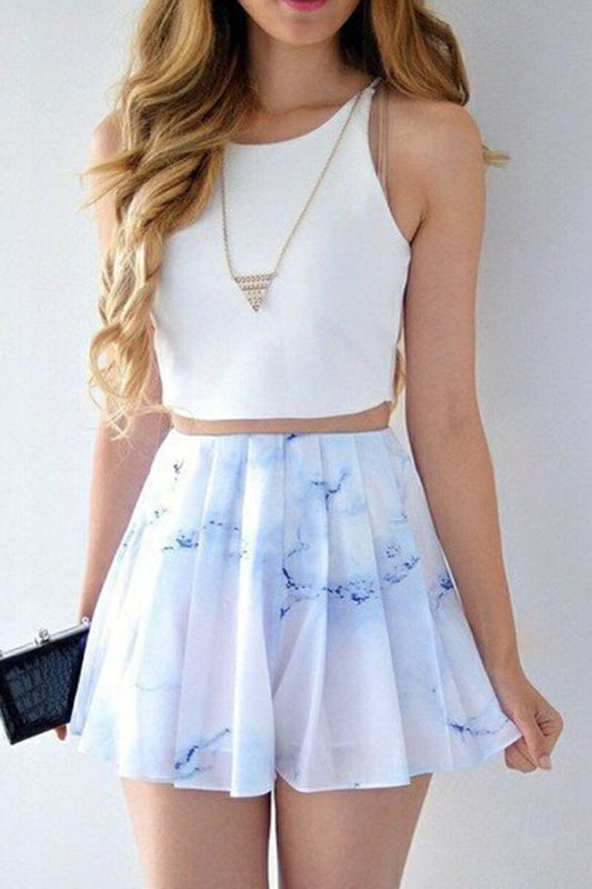 Two Piece Bateau Short Printed White Chiffon Homecoming Dress  cg368