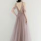 CHAMPAGNE TULLE SEQUIN BEADS LONG PROM DRESS TULLE EVENING DRESS cg3705