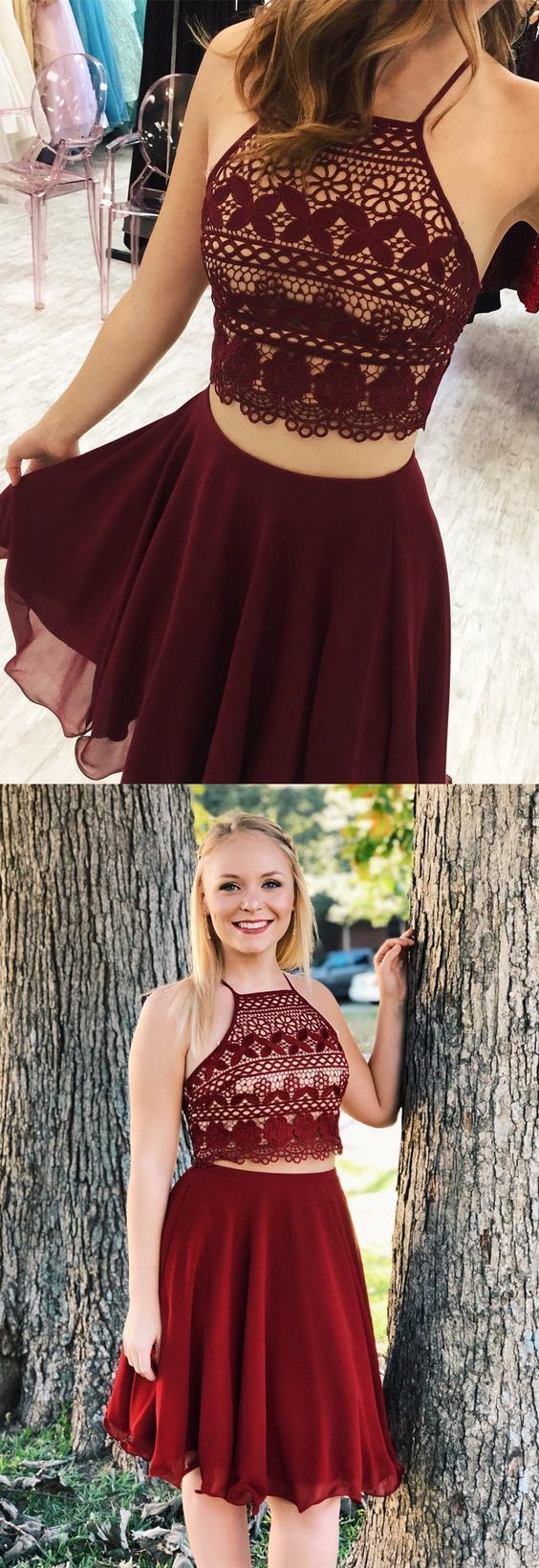 Two Piece Short Homecoming Dress, Burgundy Homecoming Dress cg378