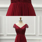 Burgundy Lace Cap Sleeve V Neck Long Chiffon Prom Dress, Formal Dress cg3815