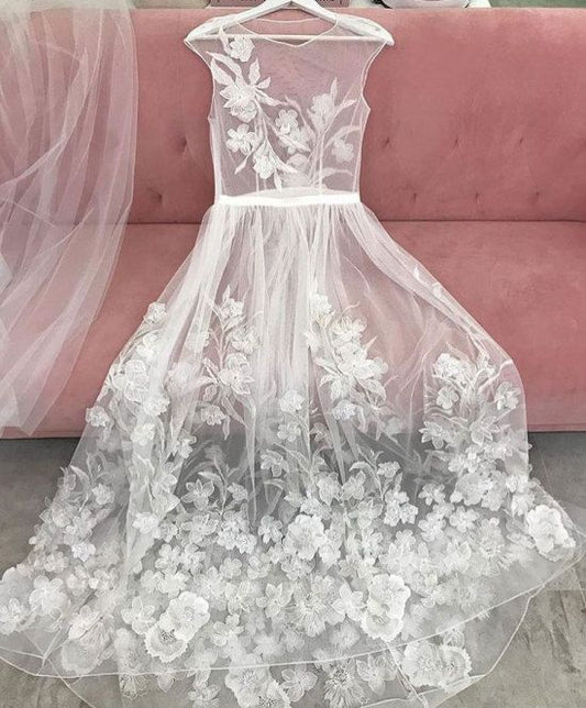 Sexy See Through Long Wedding Dresses Bridal Gowns prom dress with Lace Appliques cg3818