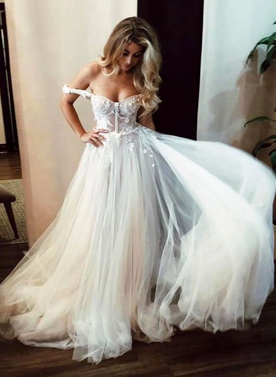 White tulle lace long prom dress, off shoulder evening dress cg3828