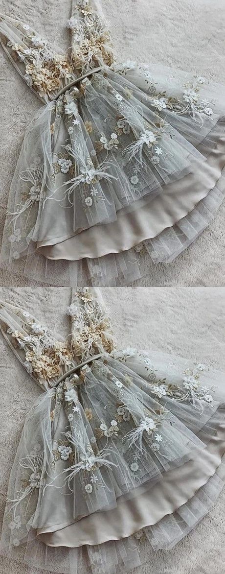 Gray V neck Tulle Lace Short Dress Gray Homecoming Dress cg3829