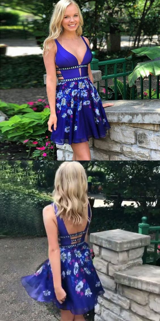 Floral Royal Blue Homecoming Dress, Short Open Back homecoming Dress with Beading cg387