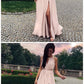 A-Line Keyhole Round Neck Split Front Long Pink prom dress cg3886