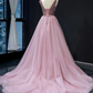 PINK TULLE SEQUIN V NECK LONG PROM DRESS TULLE SEQUIN PINK FORMAL DRESS cg3899