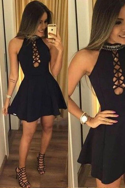 Black Halter A-line Homecoming Dress, Short homecoming Dress, Simple Party Dress cg391