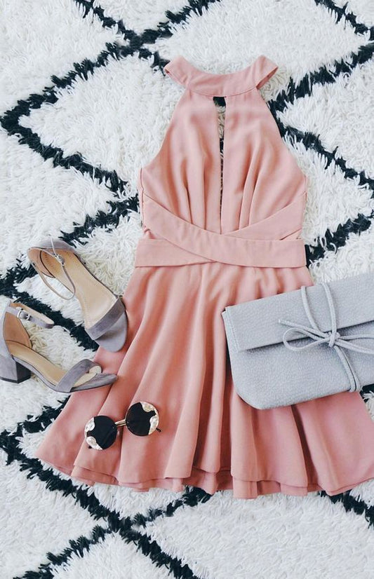 Chic Blush Skater Dress,Backless Homecoming Dress,Pleated Halter Short Dress cg4025