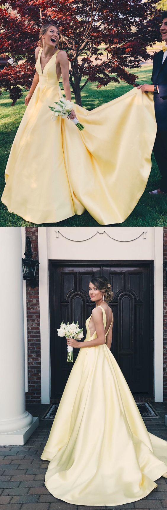 Sexy V Neck Yellow Satin A Line Long Prom Dresses, Backless Formal Dresses cg404