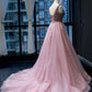 Pink Tulle Beaded Sequins Train V Neck Prom Dress, Pearl Evening Gown cg415