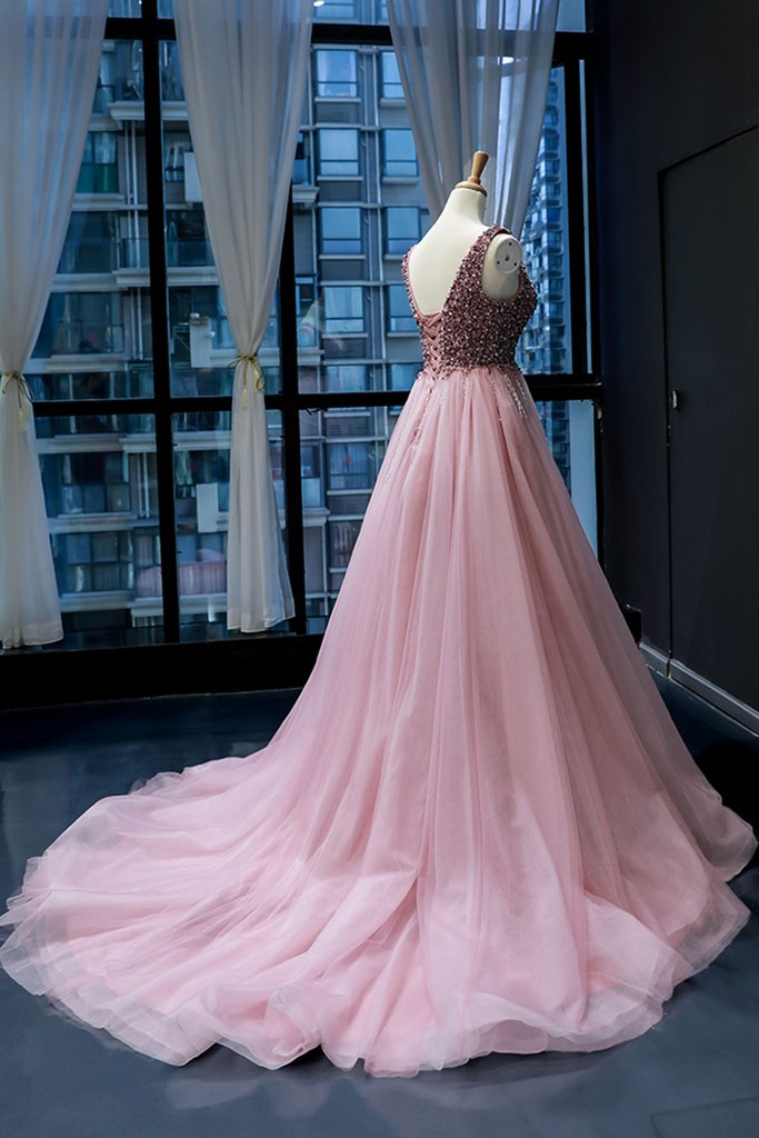 Pink Tulle Beaded Sequins Train V Neck Prom Dress, Pearl Evening Gown cg415