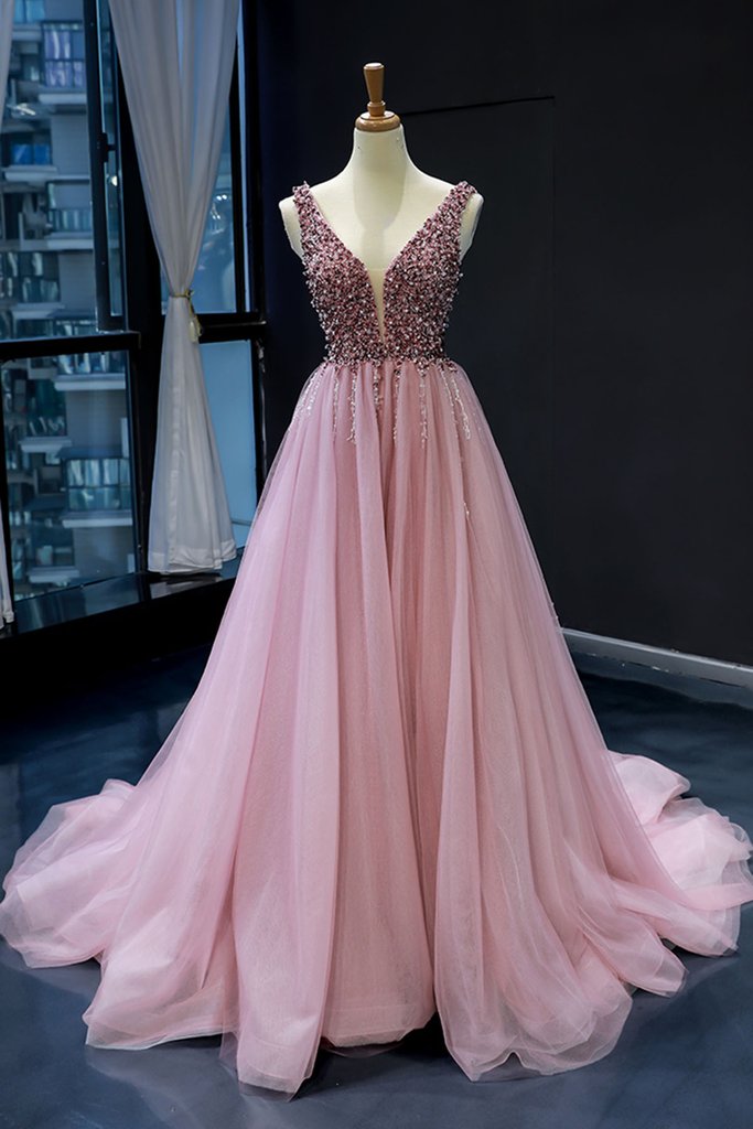 Pink Tulle Beaded Sequins Train V Neck Prom Dress, Pearl Evening Gown cg415