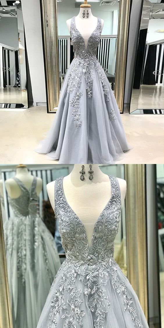 A-Line Scoop Floor-Length Grey Tulle Prom Dress with Appliques cg4202