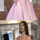 Long Satin Prom Dress Pink ball gown off shoulder cg4203