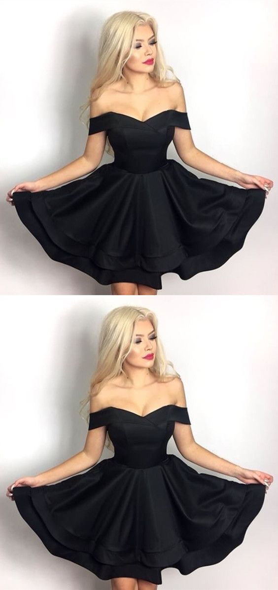 Chic V-neck Off Shoulder Ruffle Satin Homecoming Dresses Short Black homecoming Dress cg421