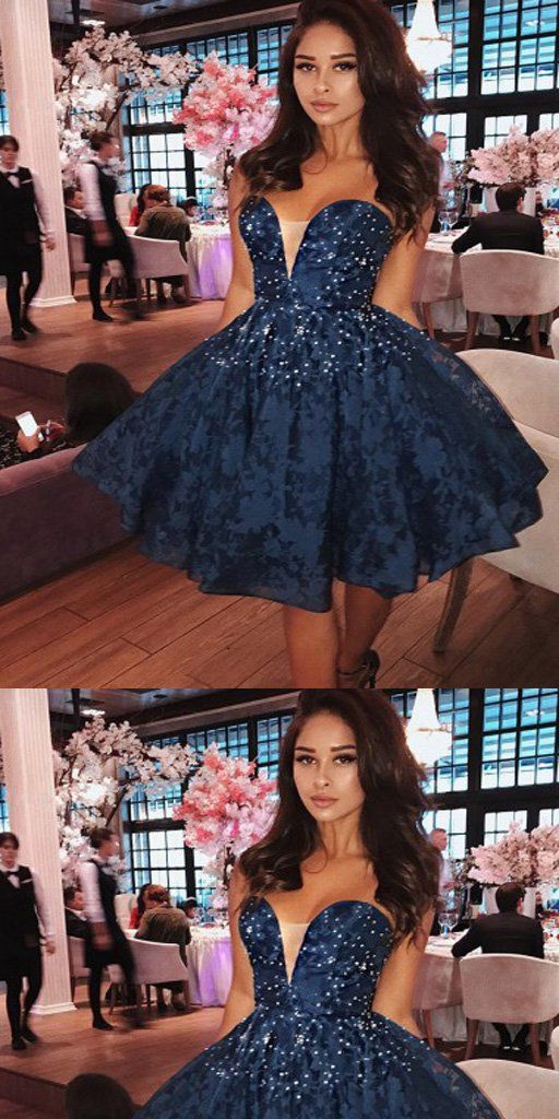 Dark Blue V-neck Pearl Lace Homecoming Dresses,Cheap Short homecoming Dresses cg426