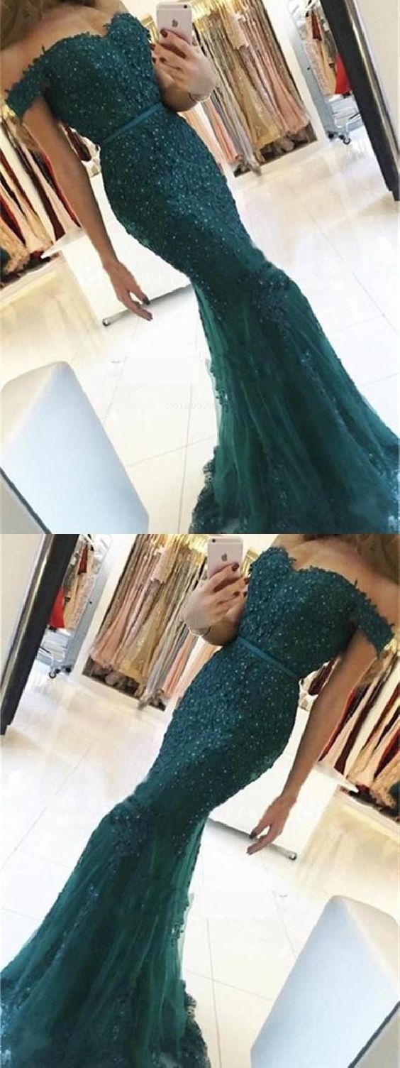 2019 Sweetheart Neck Evening Prom Dresses, Hunter Green Off Shoulder Lace Prom Dresses cg449