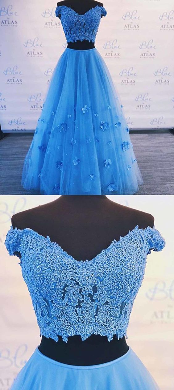 Two Piece Blue Prom Dress Off-The-Shoulder A Line Long Graduation Gown  cg453