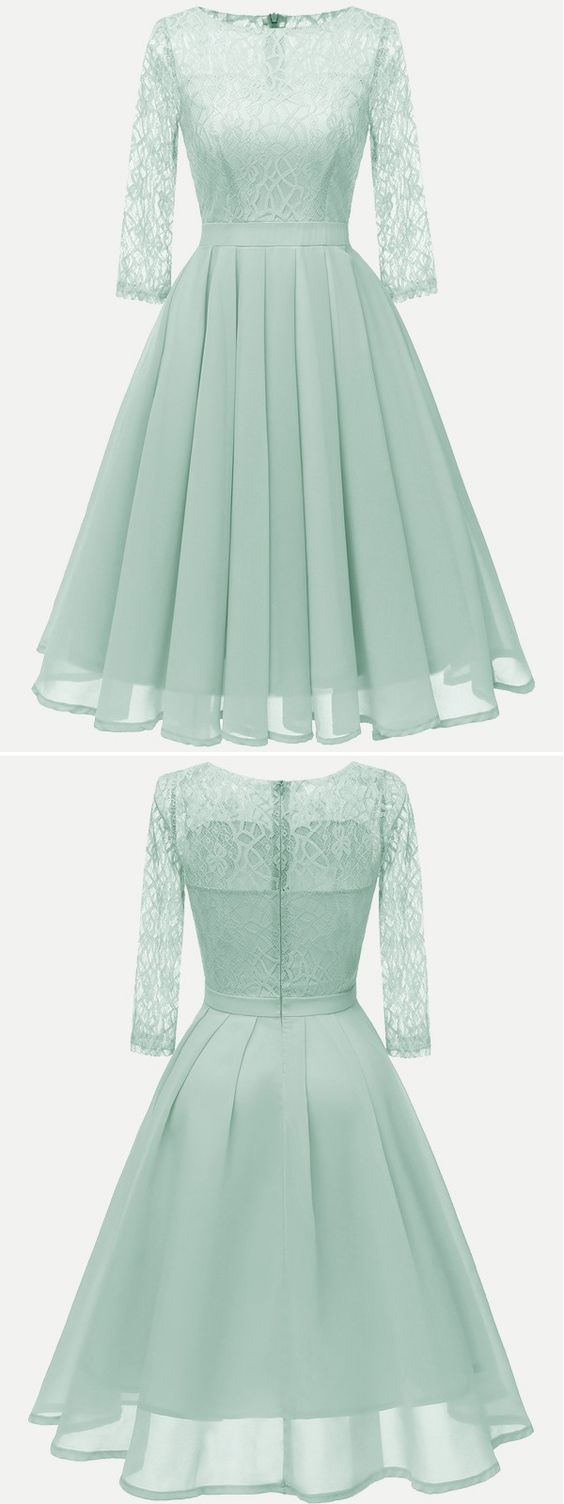 Lace Chiffon Cocktail Solid Swing prom Dress With Sleeves  cg4549