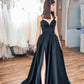 Simple black satin long prom dress, black evening dress cg4557