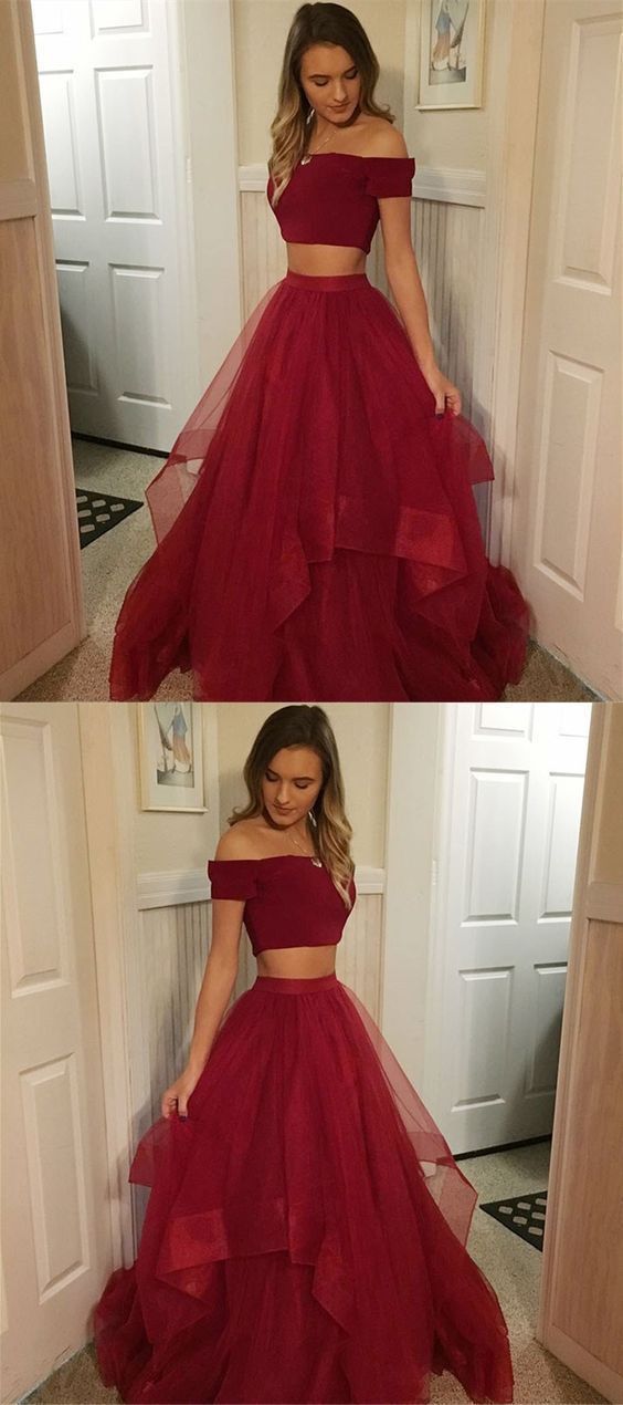 2019 Two Piece Prom Dresses Long, Burgundy Prom Dresses With Cap Sleeves cg457